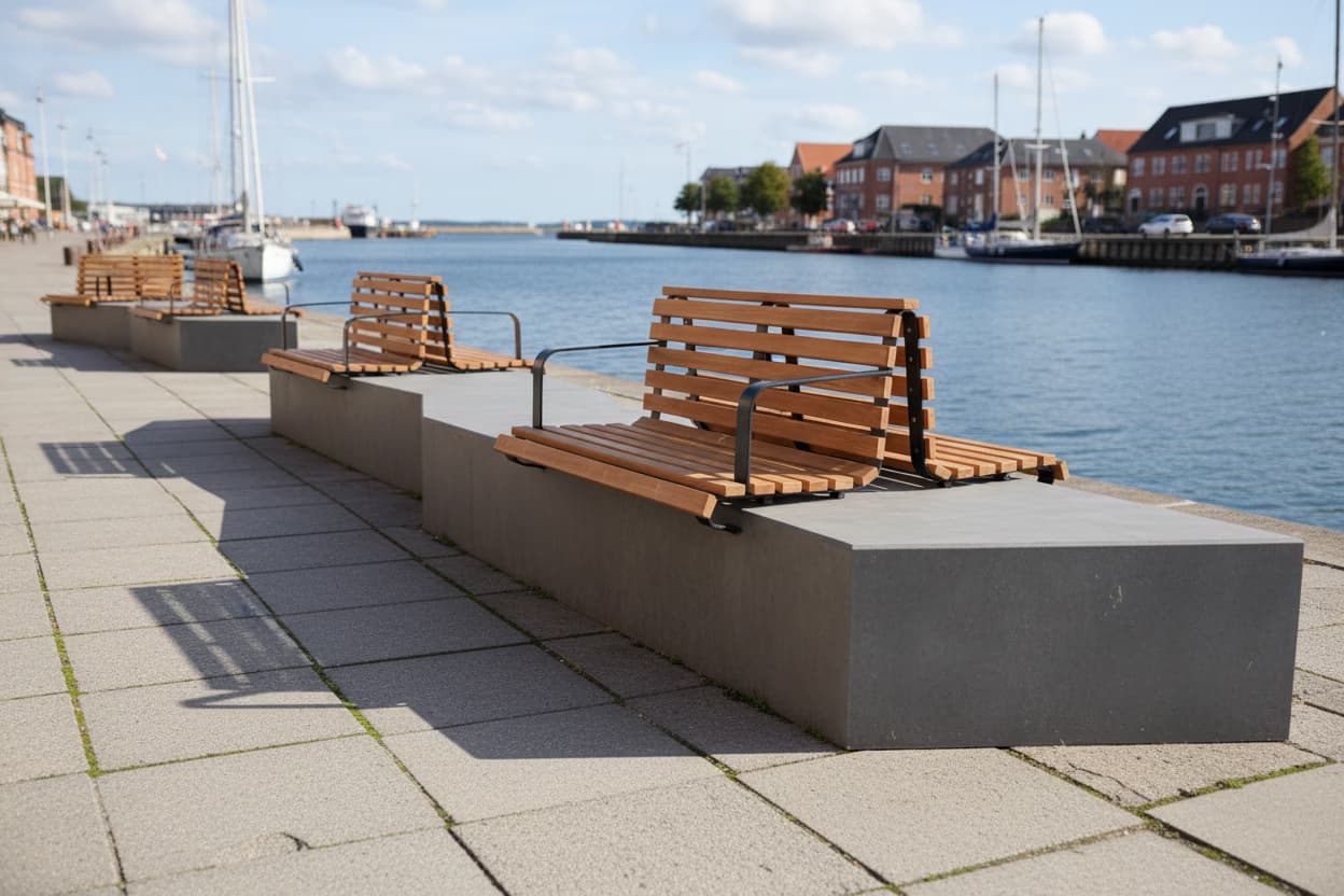 Modulær bænk af overskudsbeton i byrummet ved vandet